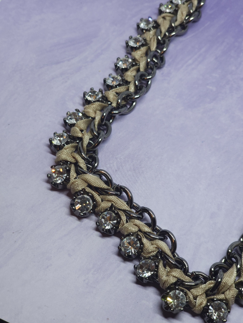 J.Crew Gunmetal Tone Chunky Chain Taupe-colored Ribbon Long Necklace - Picture 4 of 8